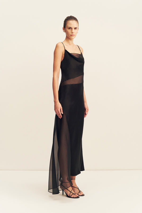 IZA SILK CONTRAST MAXI DRESS - BLACK