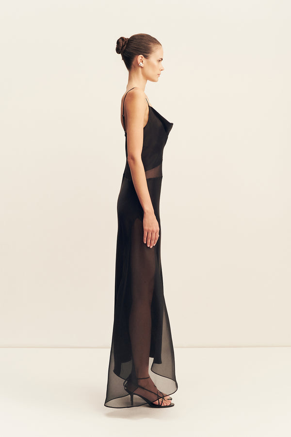 IZA SILK CONTRAST MAXI DRESS - BLACK