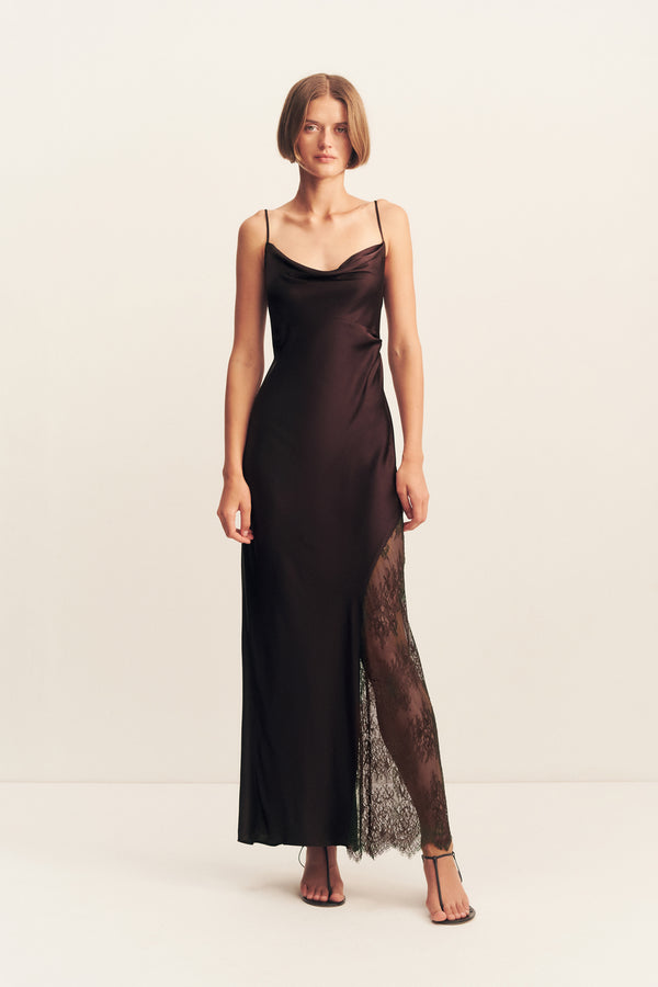 ALLEGRA COWL LACE PANELLED MAXI DRESS - ESPRESSO_F