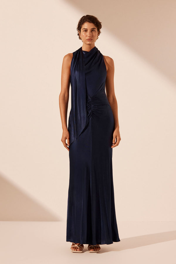 LINO SCARF NECK MAXI DRESS DEEP MIDNIGHT DRESSES SHONA JOY