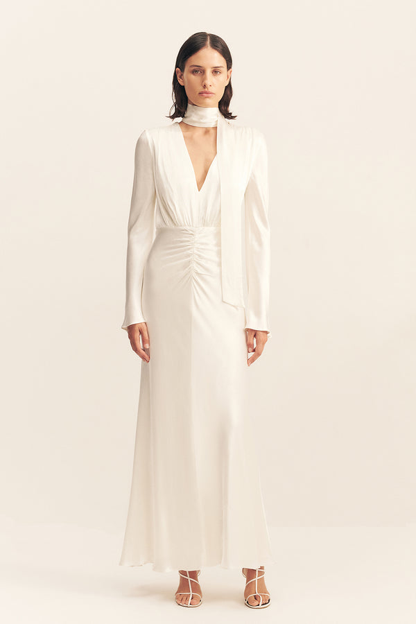 LA LUNE PLUNGED LONG SLEEVE MAXI DRESS - WHITE_F