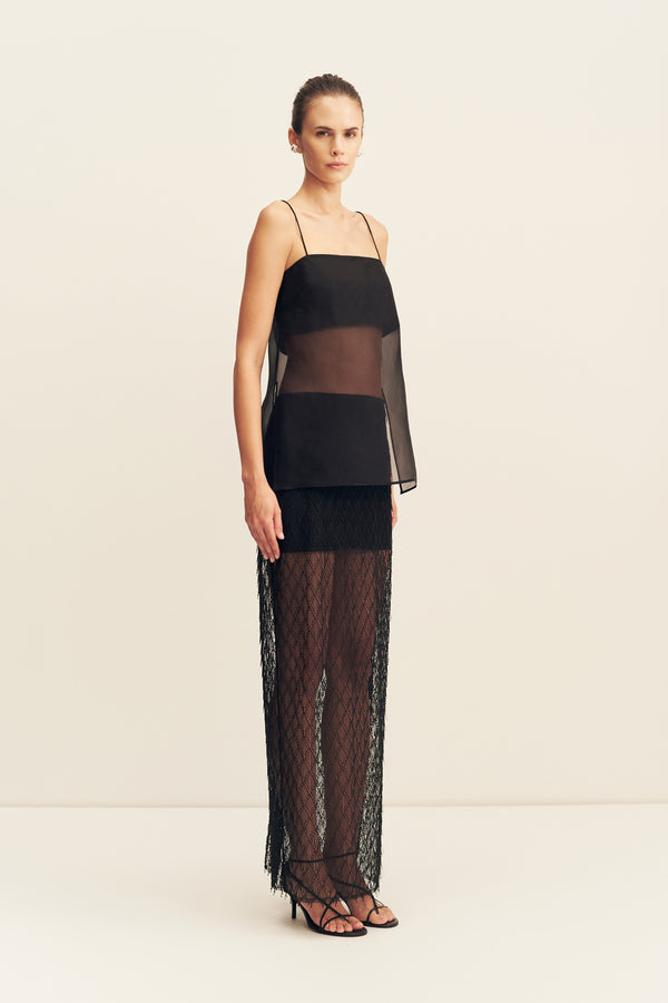 TALITHA FRINGE MAXI SKIRT - LIQUORICE