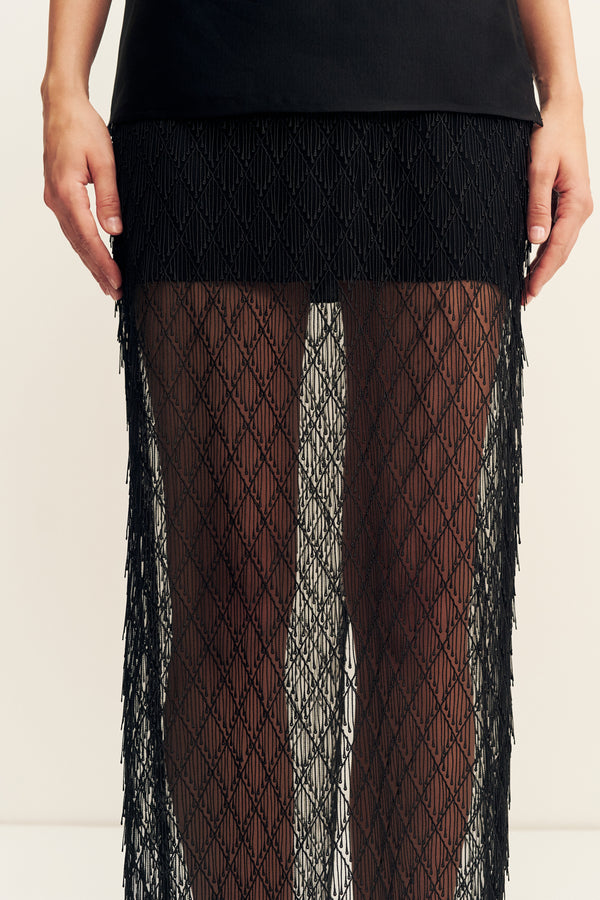 TALITHA FRINGE MAXI SKIRT - LIQUORICE