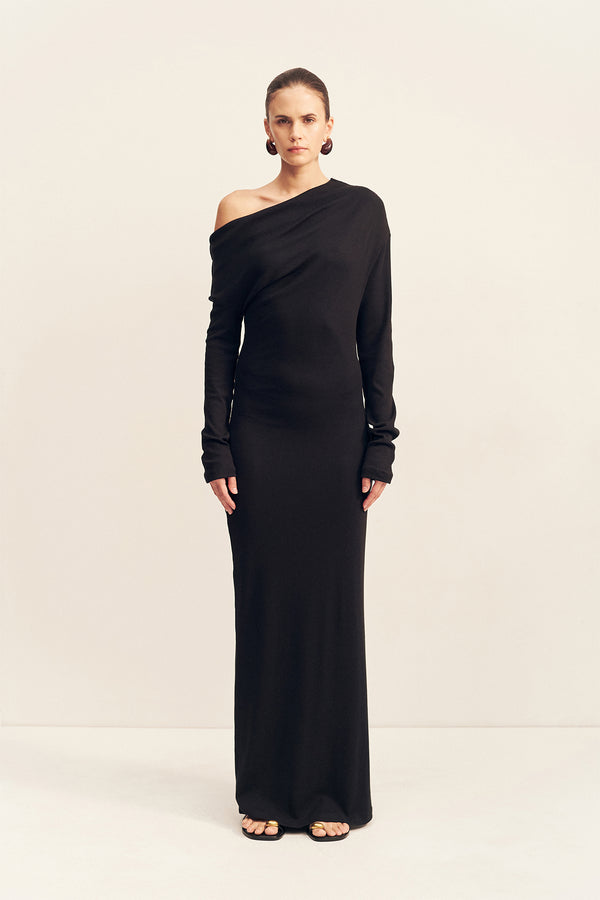 ABY DRAPED ASYMMETRICAL LONG SLEEVE MAXI DRESS - BLACK_F