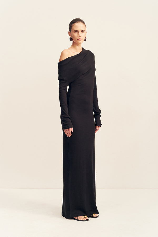 ABY JERSEY DRAPED LONG SLEEVE MAXI DRESS - BLACK