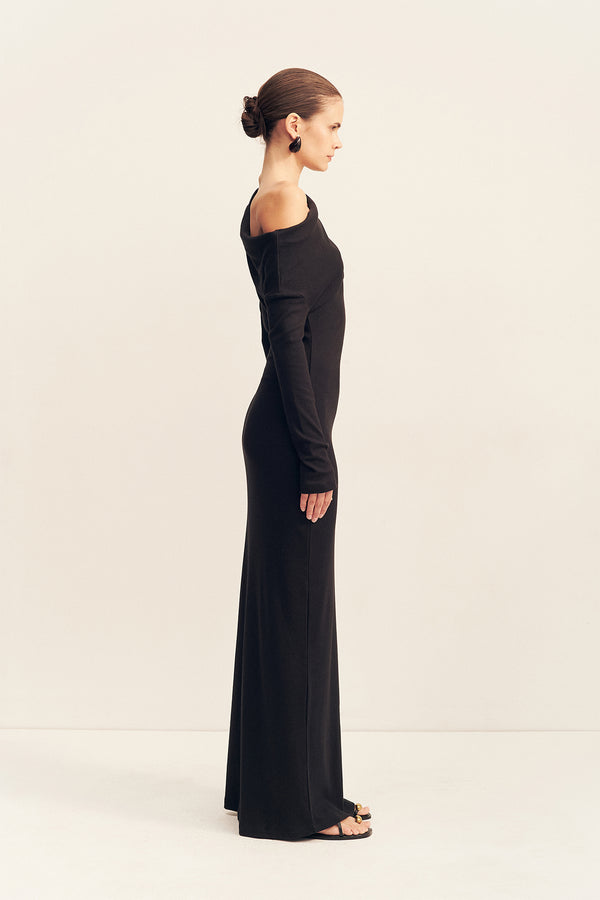 ABY JERSEY DRAPED LONG SLEEVE MAXI DRESS - BLACK