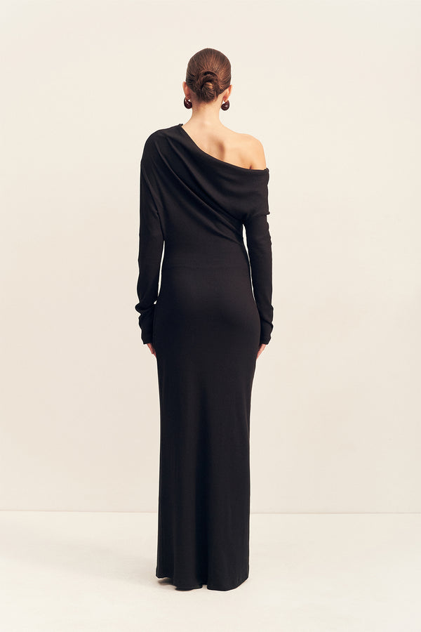 ABY JERSEY DRAPED LONG SLEEVE MAXI DRESS - BLACK