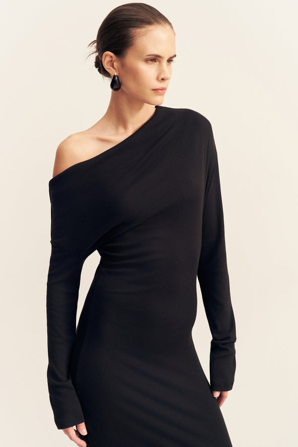 ABY JERSEY DRAPED LONG SLEEVE MAXI DRESS - BLACK