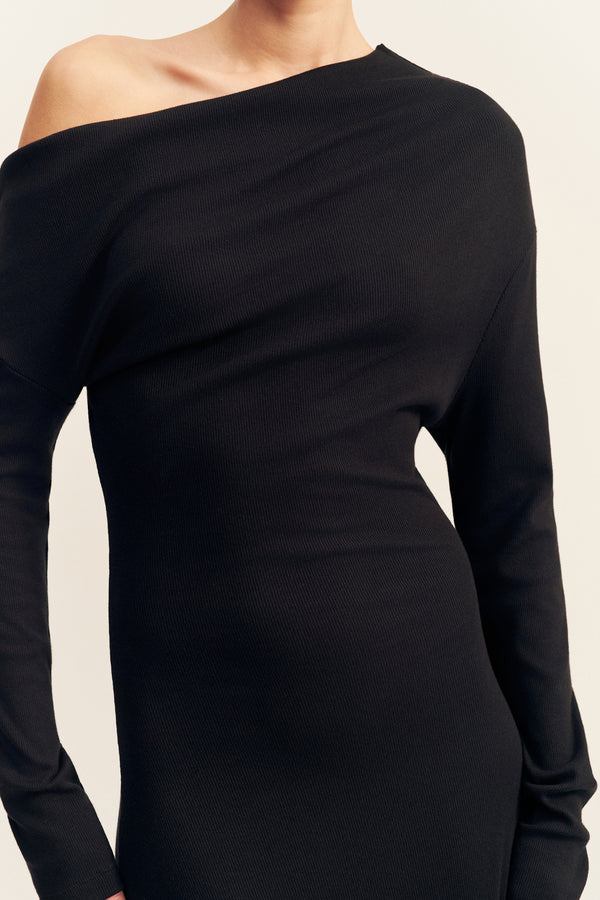 ABY JERSEY DRAPED LONG SLEEVE MAXI DRESS - BLACK