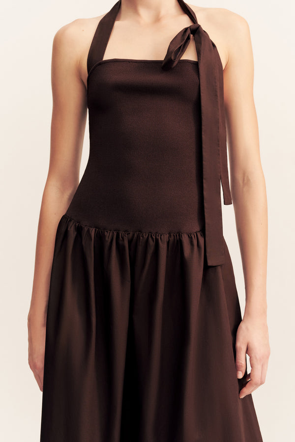 ALIAH HALTER TIE MIDI DRESS - COFFEE
