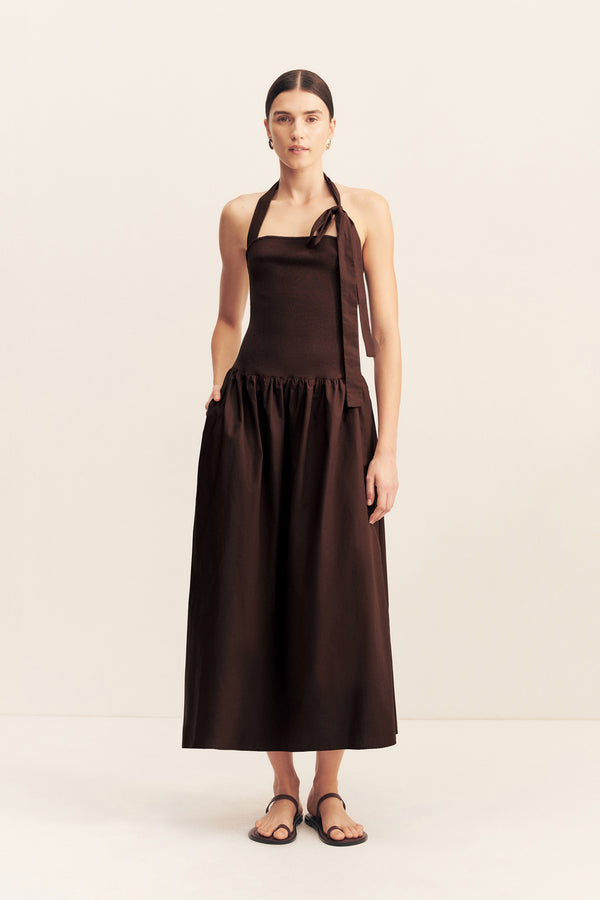 ALIAH HALTER TIE MIDI DRESS - COFFEE_F