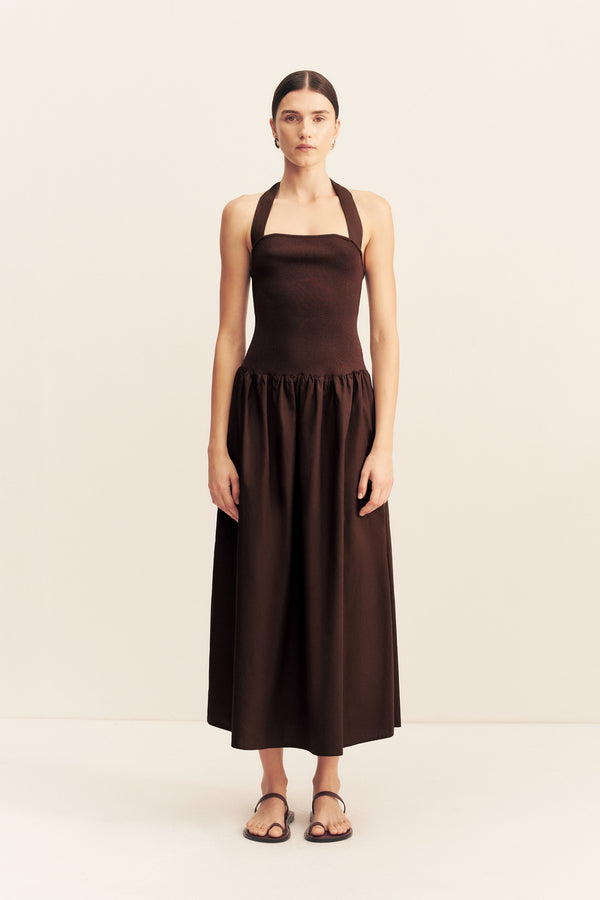 ALIAH HALTER TIE MIDI DRESS - COFFEE