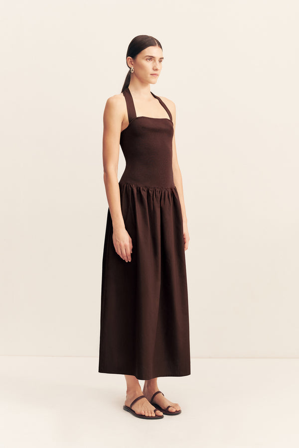 ALIAH HALTER TIE MIDI DRESS - COFFEE