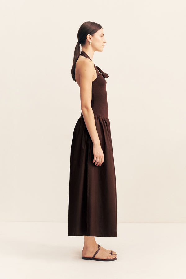 ALIAH HALTER TIE MIDI DRESS - COFFEE