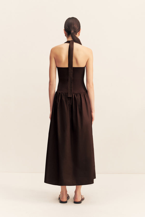 ALIAH HALTER TIE MIDI DRESS - COFFEE