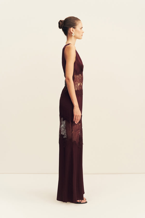 JAMILA LACE PLUNGED PANELLED MAXI DRESS - WINE TASTING