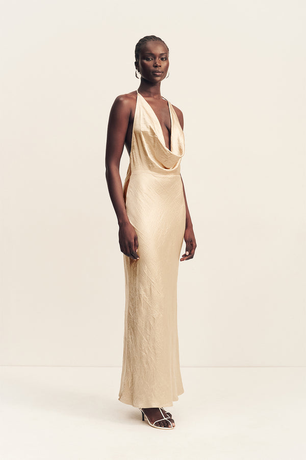 ANDIE CRUSHED LOW COWL MAXI DRESS - CHAMPAGNE