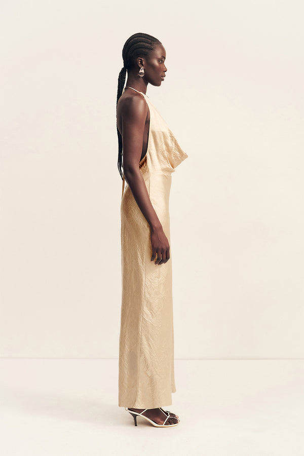 ANDIE CRUSHED LOW COWL MAXI DRESS - CHAMPAGNE