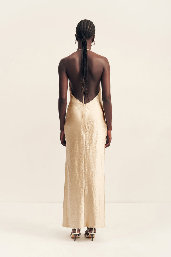 ANDIE CRUSHED LOW COWL MAXI DRESS - CHAMPAGNE