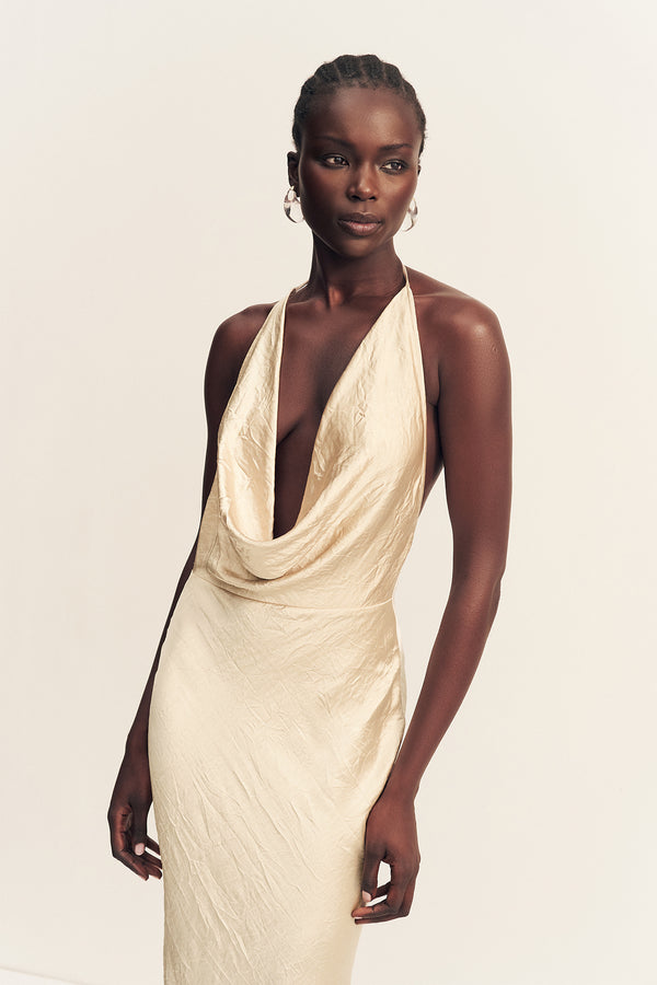 ANDIE CRUSHED LOW COWL MAXI DRESS - CHAMPAGNE