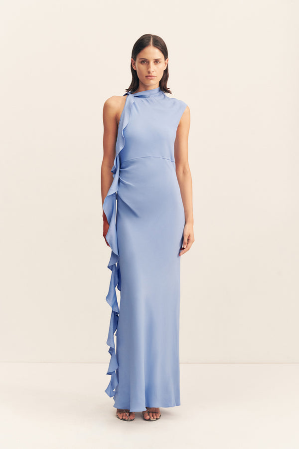 RIO DRAPED RUFFLE MAXI DRESS - CORNFLOWER BLUE_F