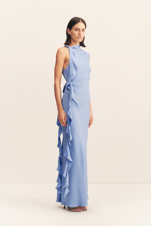 RIO DRAPED RUFFLE MAXI DRESS - CORNFLOWER BLUE