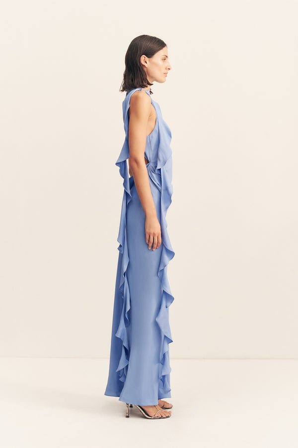 RIO DRAPED RUFFLE MAXI DRESS - CORNFLOWER BLUE