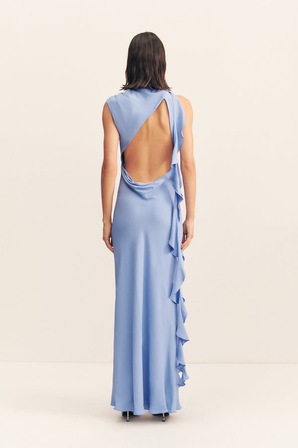 RIO DRAPED RUFFLE MAXI DRESS - CORNFLOWER BLUE