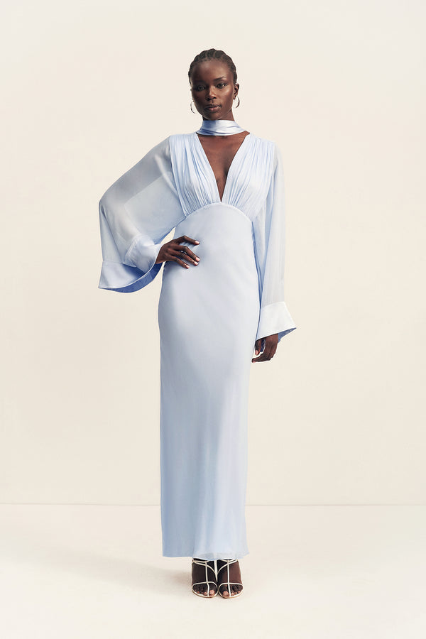EDIE FLARED SLEEVE MAXI DRESS WITH SCARF - ARCADIAN BLUE_F