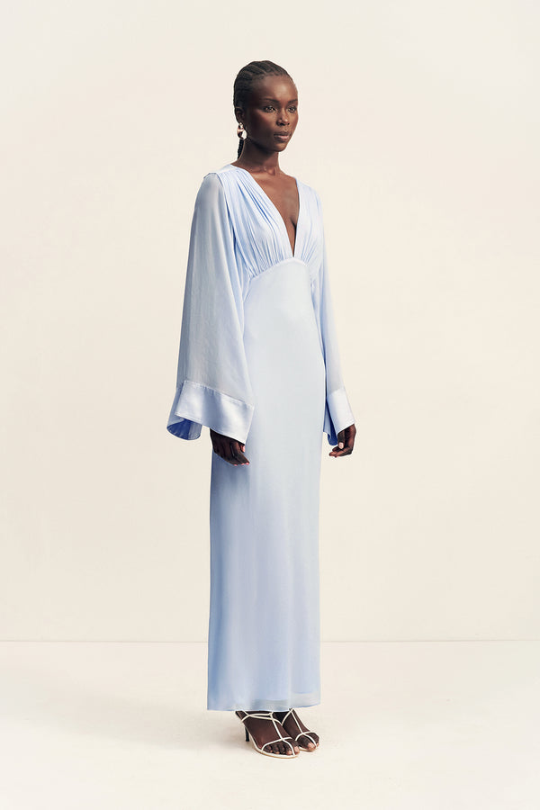EDIE FLARED SLEEVE MAXI DRESS WITH SCARF - ARCADIAN BLUE