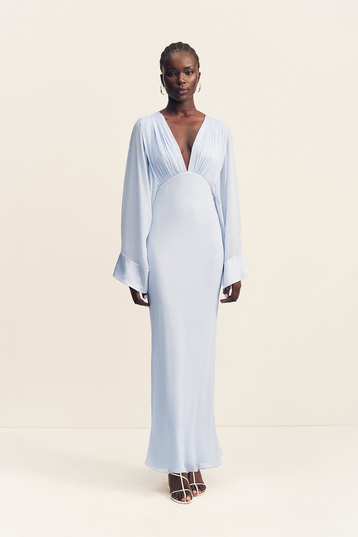 Edie Flared Sleeve Maxi Dress With Scarf | Arcadian Blue | Dresses