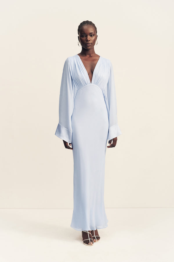 EDIE FLARED SLEEVE MAXI DRESS WITH SCARF - ARCADIAN BLUE