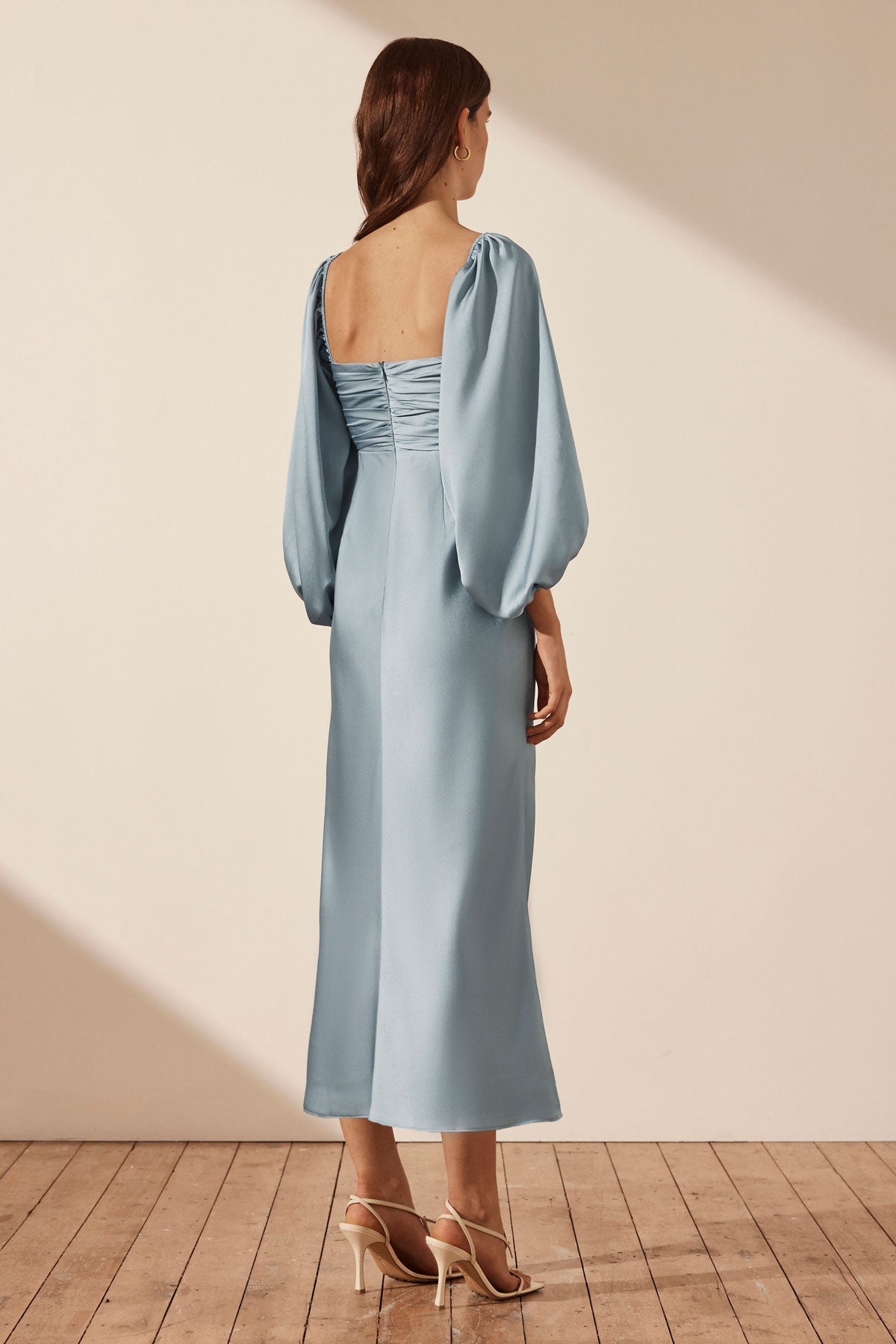 Luxe Ruched Bodice Long Sleeve Midi Dress Azure Dresses