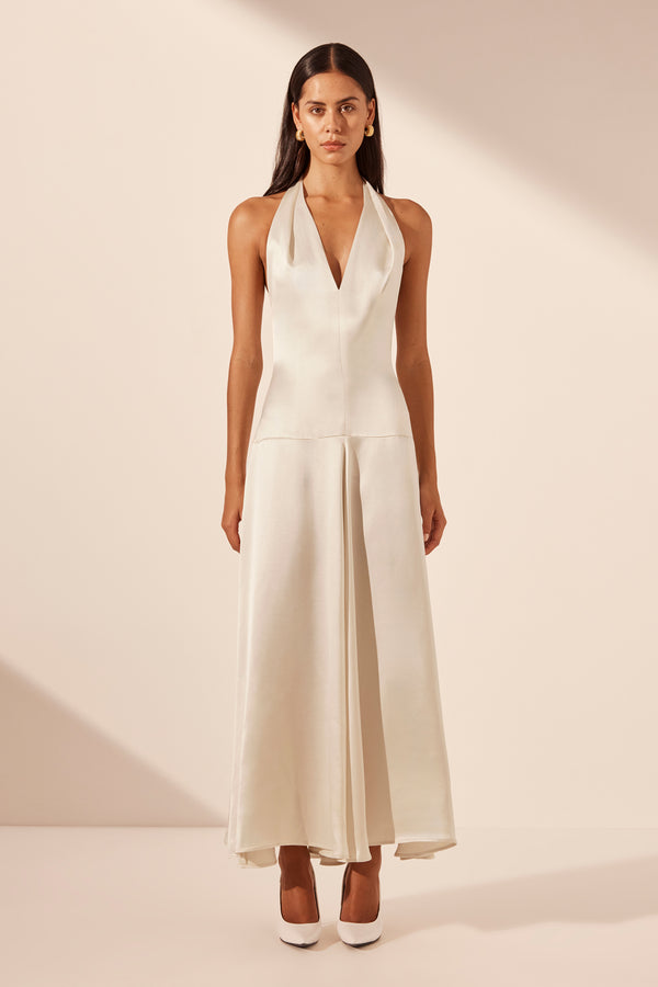 SAVANNA HALTER OPEN BACK MAXI DRESS - PEARL_F