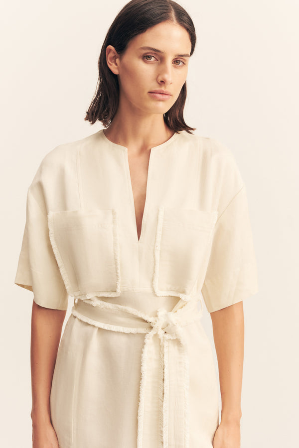 GIGI PATCH POCKET MINI DRESS - ECRU
