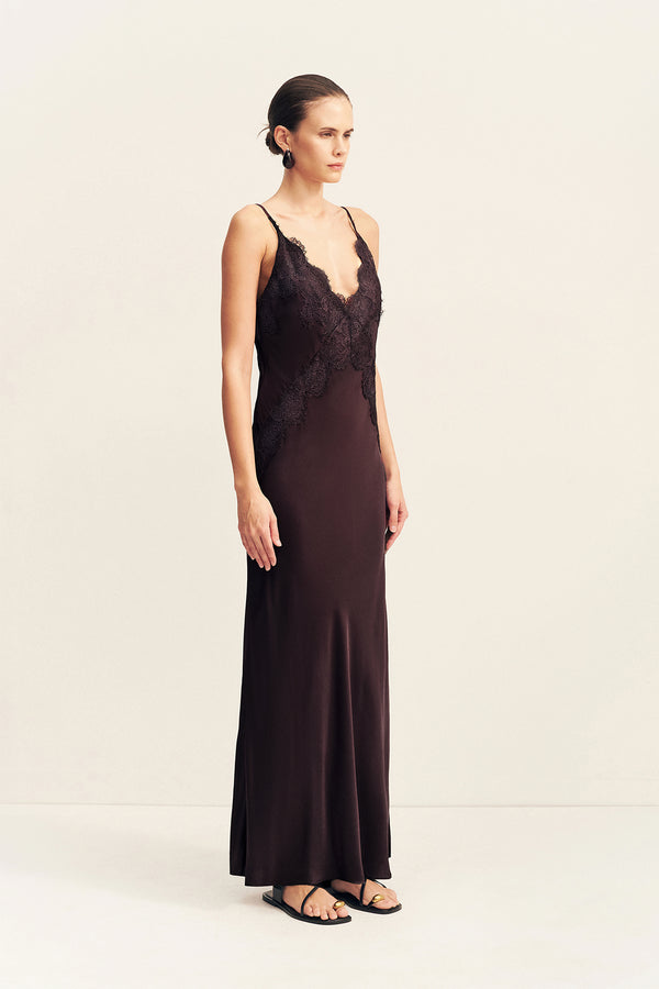 SIMONA LACE SLIP MAXI DRESS - ESPRESSO