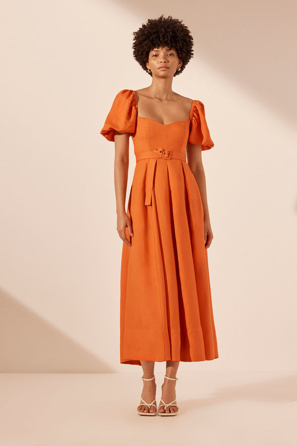 SOLLER SHORT SLEEVE PANELLED MIDI DRESS - TANGERINE_F