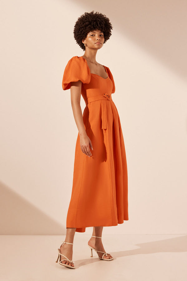 SOLLER SHORT SLEEVE PANELLED MIDI DRESS - TANGERINE_A