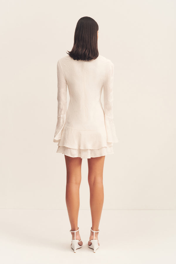 BOWERY LONG SLEEVE RUFFLE MINI DRESS - MILK_B