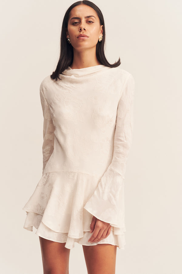 BOWERY LONG SLEEVE RUFFLE MINI DRESS - MILK_D