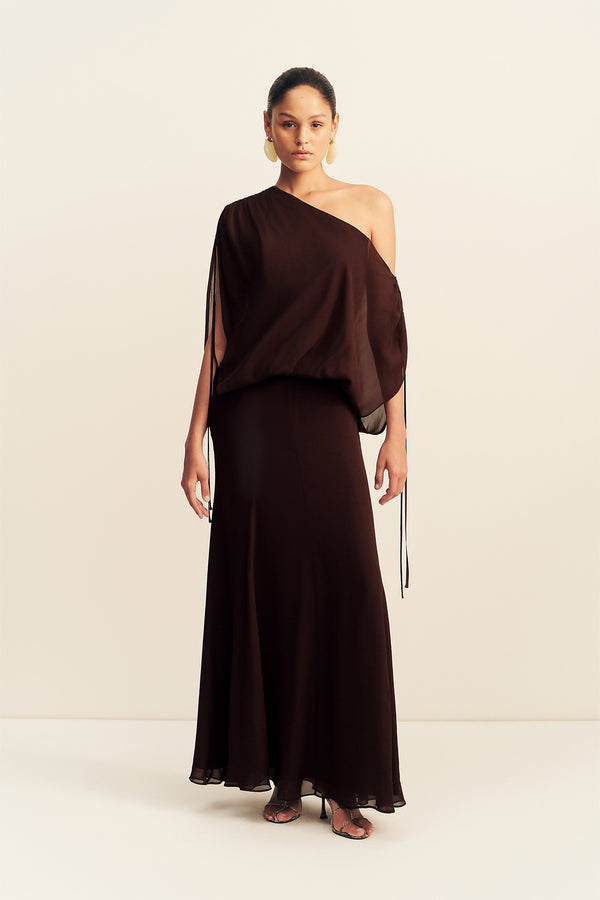 AMINA OFF SHOULDER BLOUSON MAXI DRESS - RISTRETTO_F