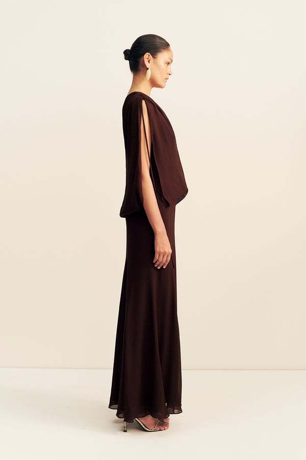 AMINA OFF SHOULDER BLOUSON MAXI DRESS - RISTRETTO
