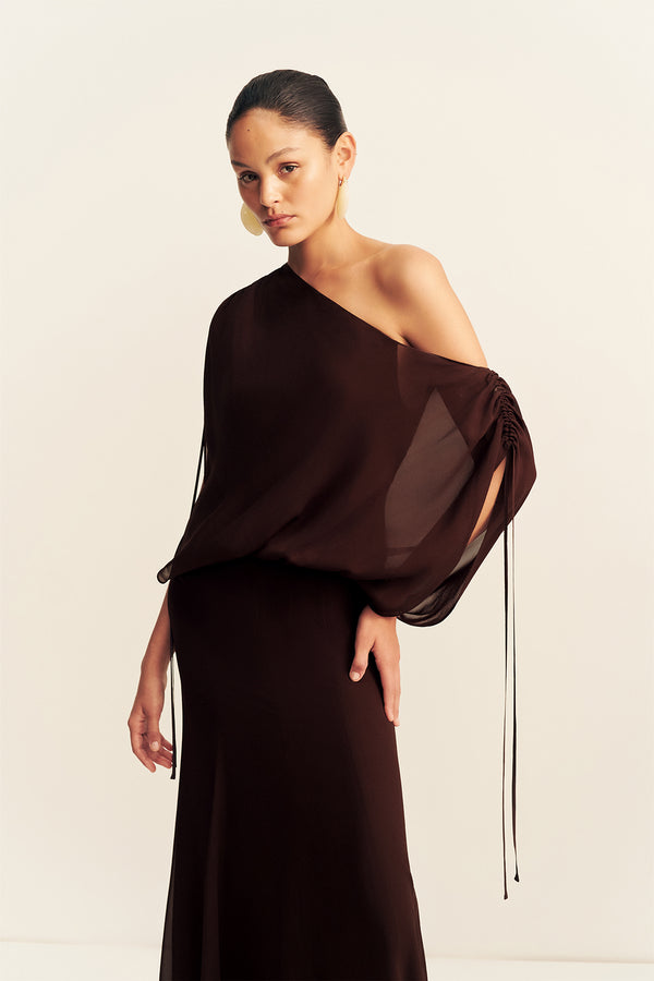 AMINA OFF SHOULDER BLOUSON MAXI DRESS - RISTRETTO
