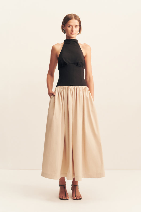 CAMPBELL CONTRAST HALTER NECK MIDI DRESS - OAT MILK_F