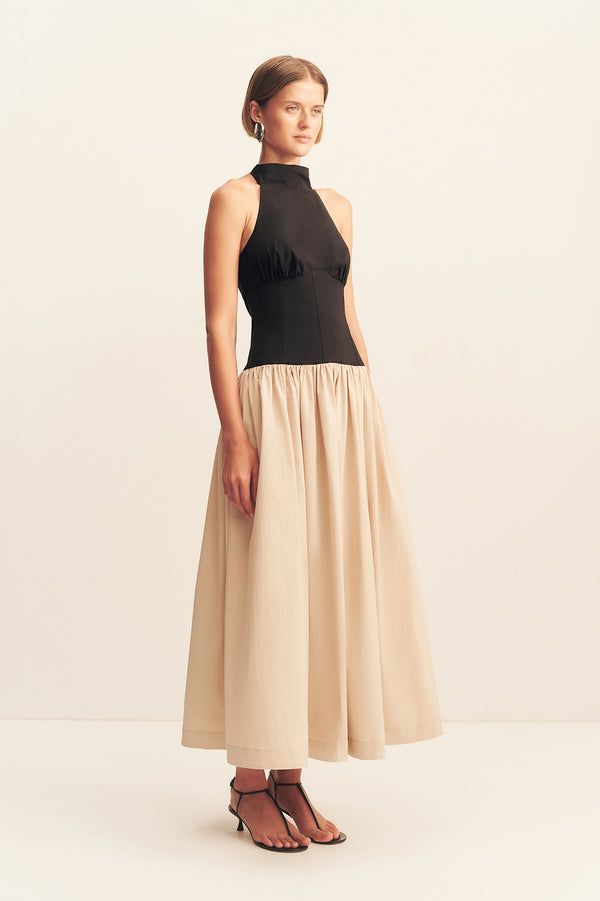 CAMPBELL CONTRAST HALTER NECK MIDI DRESS - OAT MILK