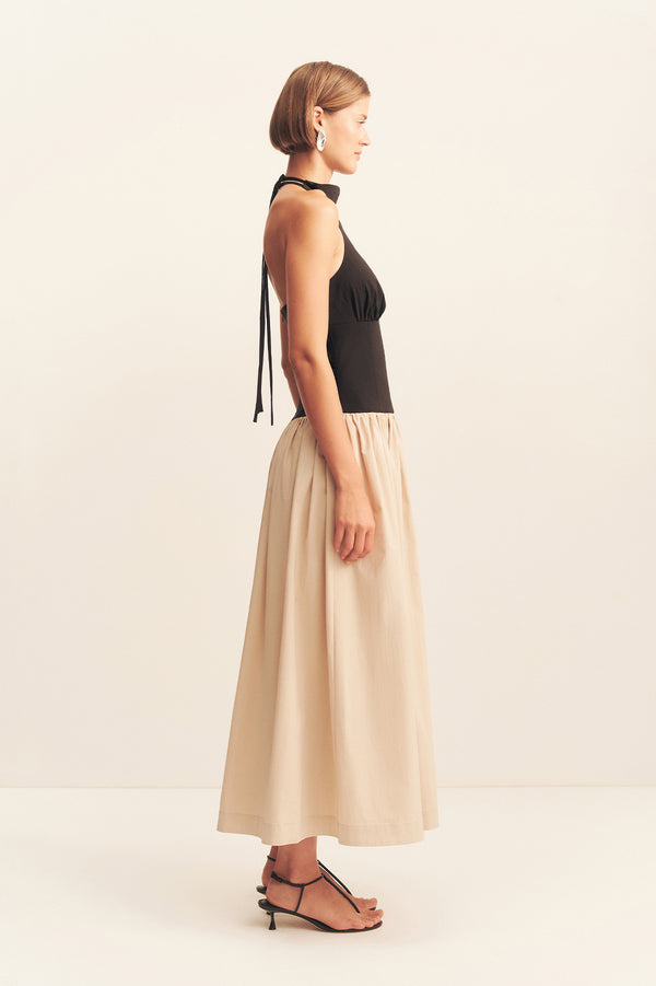 CAMPBELL CONTRAST HALTER NECK MIDI DRESS - OAT MILK