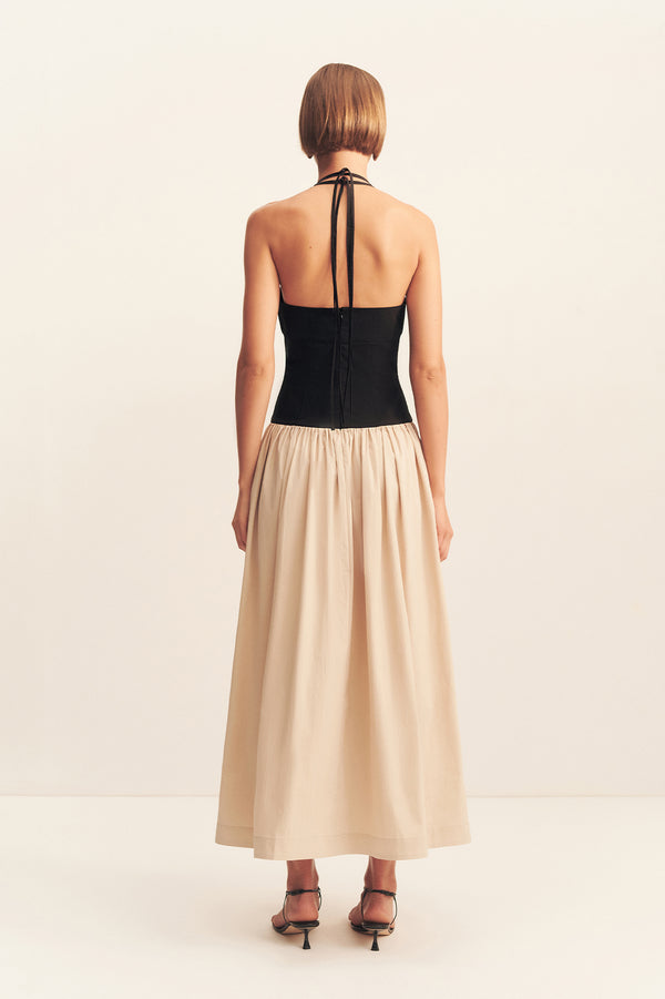 CAMPBELL CONTRAST HALTER NECK MIDI DRESS - OAT MILK