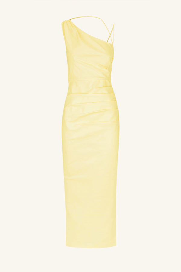 LANI ASYMMETRICAL GATHERED MIDI DRESS - LEMON_G