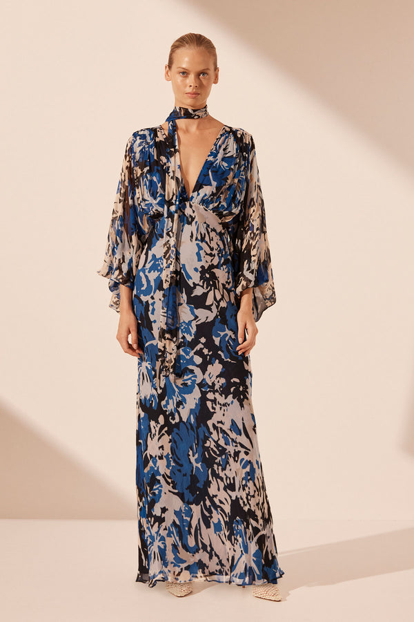 OLEA PLUNGE BALLOON SLEEVE MAXI DRESS_F