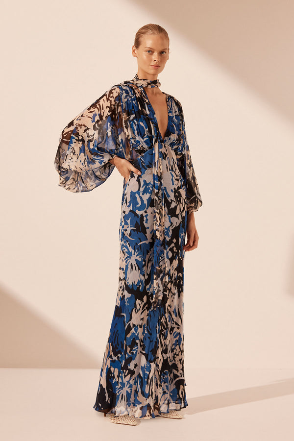 OLEA PLUNGE BALLOON SLEEVE MAXI DRESS_A